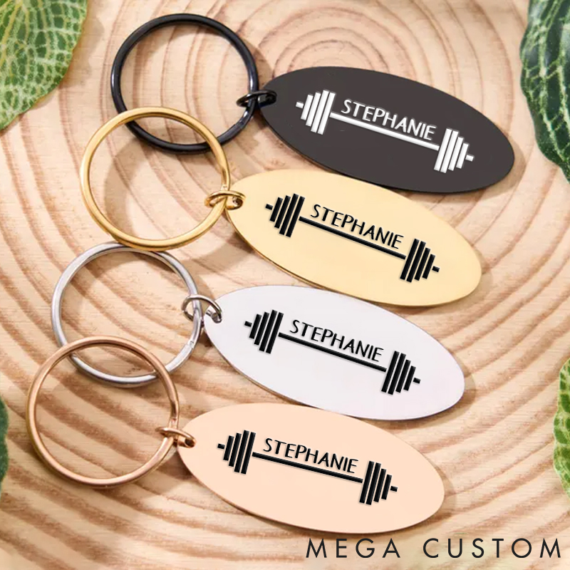Personalized Engraved Metal Barbell Keychain with Your Name for Fitness Enthusiasts Bodybuilders and Gym Lovers