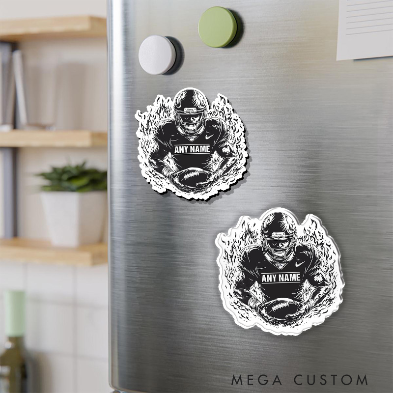 Personalized American Football Player Fire Fridge Magnets with Custom Name and Number