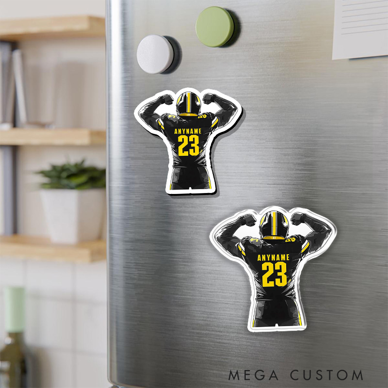 Personalized American Football Player Sport Fridge Magnets with Custom Name and Number for Water Bottle Laptop