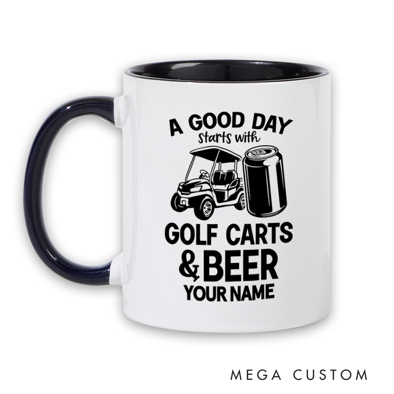 Personalized Golf Mug with Custom Name Fun "Golf Carts & Beer" Design Perfect Gift for Golf Enthusiasts