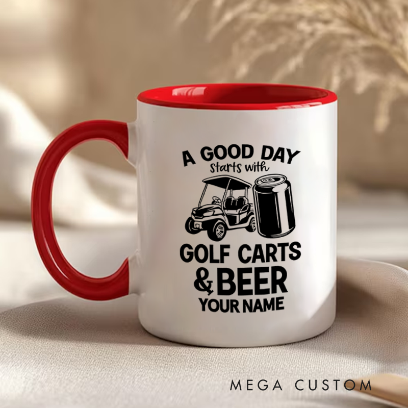Personalized Golf Mug with Custom Name Fun "Golf Carts & Beer" Design Perfect Gift for Golf Enthusiasts