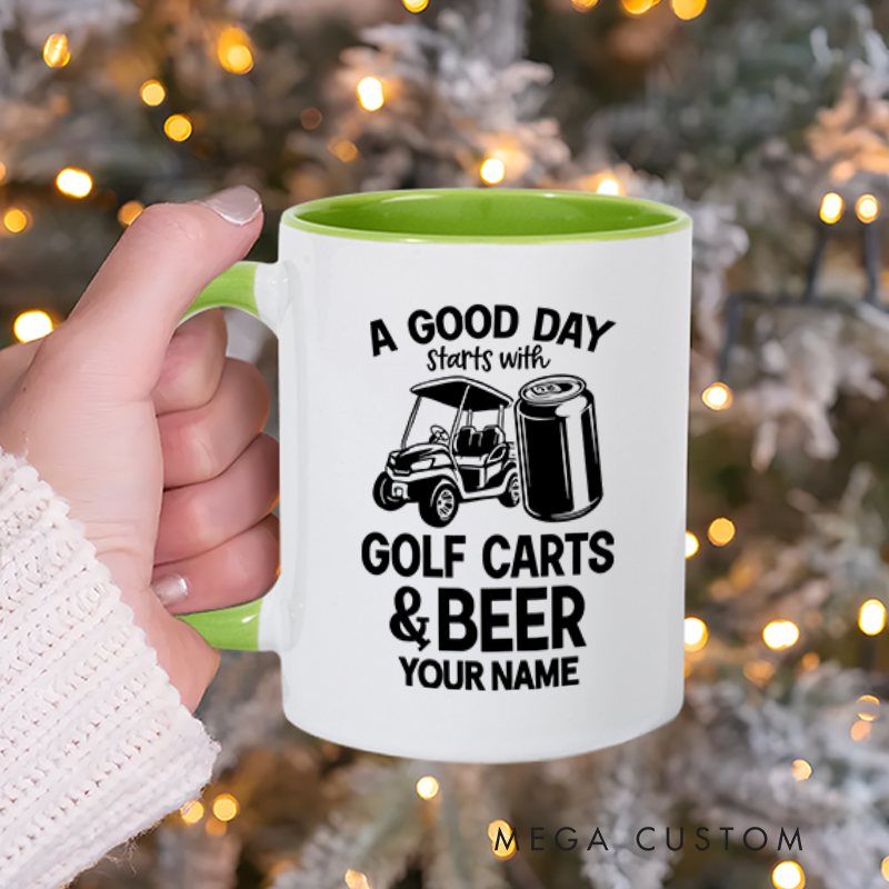 Personalized Golf Mug with Custom Name Fun "Golf Carts & Beer" Design Perfect Gift for Golf Enthusiasts