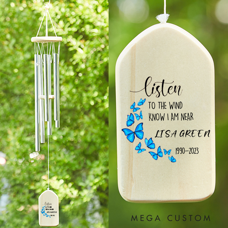 Personalized Wind Chimes Blue Butterfly Sympathy Chime in Loving Memory for Loss of Loved Dad Mom Memorial Condolences Gifts 33.46 Inch/25.6Inch