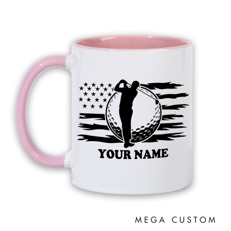 Personalized Golf Mug with Custom Name and American Flag Golfer Design Perfect Gift for Golf Enthusiasts