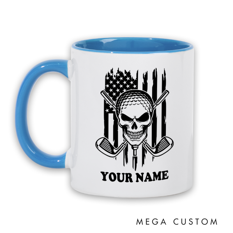 Personalized Skull Golf Mug with Custom Name and American Flag Design Unique Gift for Golf Lovers