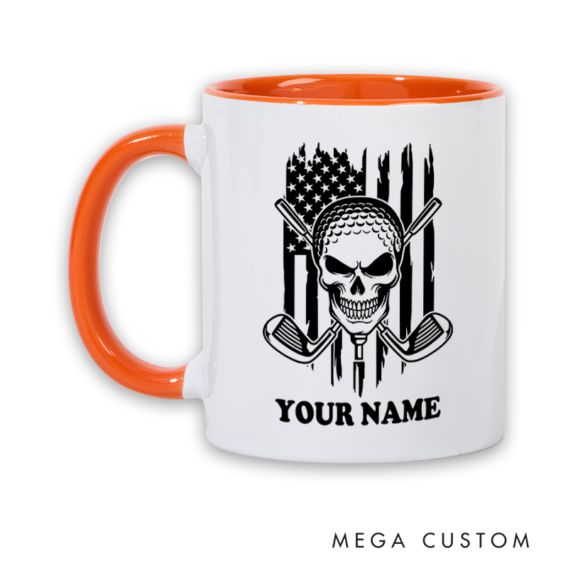 Personalized Skull Golf Mug with Custom Name and American Flag Design Unique Gift for Golf Lovers