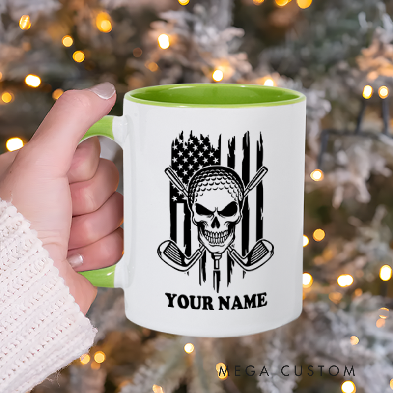Personalized Skull Golf Mug with Custom Name and American Flag Design Unique Gift for Golf Lovers