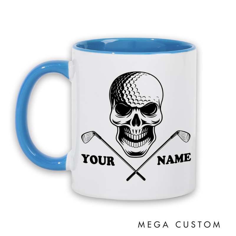 Personalized Skull Golf Mug with Custom Name and Crossed Clubs Design Perfect Gift for Golf Enthusiasts