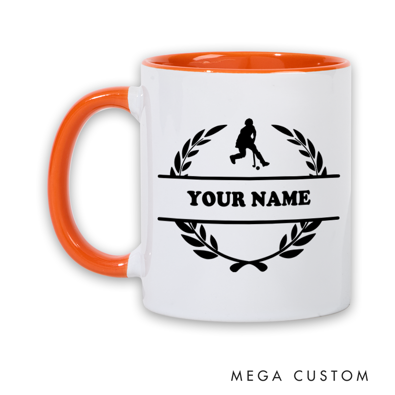 Personalized Hockey Mug with Custom Name Laurel Wreath and Player Silhouette Design Perfect Gift for Hockey Fans and Players