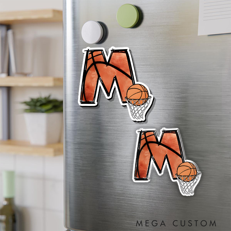 Personalized Basketball Refrigerator Magnet with Custom Initial and Basketball Hoop Design