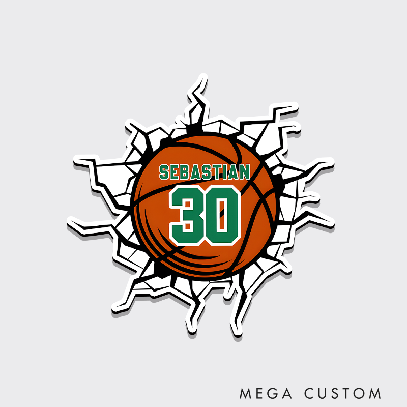 Personalized Basketball Refrigerator Magnet with Cracked Wall Effect Custom Name and Jersey Number Design