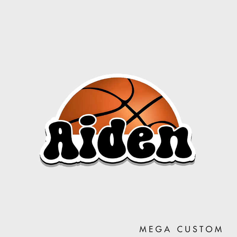 Personalized Basketball Refrigerator Magnet with Custom Name Bold Font Design and Half Basketball Graphic