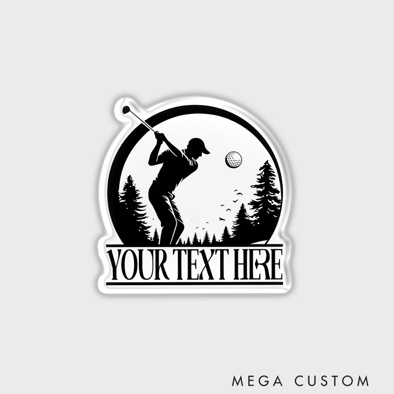 Personalized Golf Refrigerator Magnet with Custom Text Golfer Silhouette and Scenic Background Design