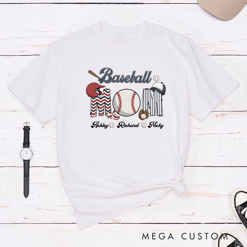 Personalized Baseball Mom T-Shirt with Custom Names and Fun Sports-Themed Design