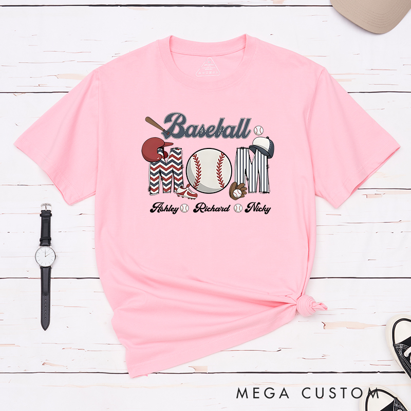Personalized Baseball Mom T-Shirt with Custom Names and Fun Sports-Themed Design