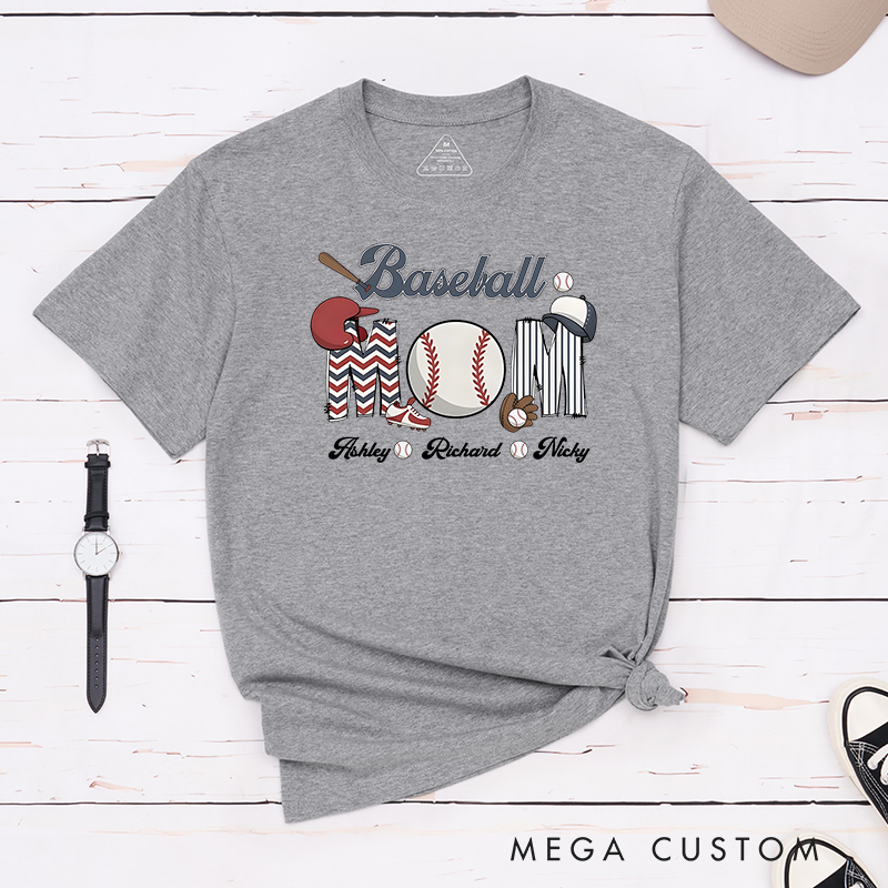 Personalized Baseball Mom T-Shirt with Custom Names and Fun Sports-Themed Design