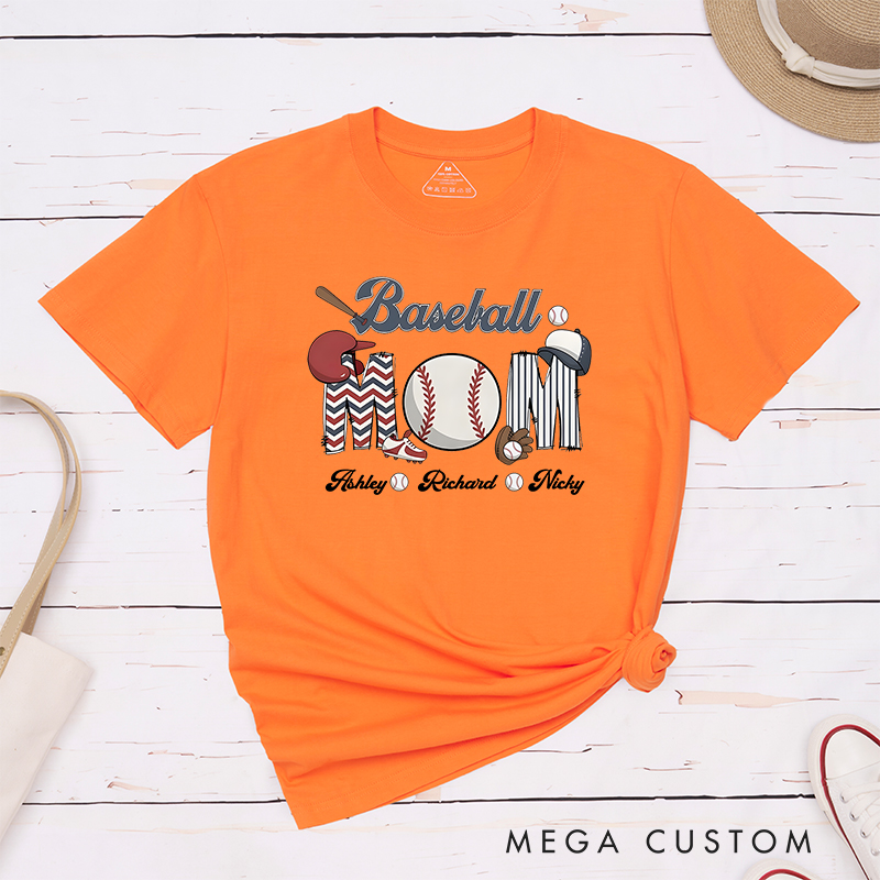 Personalized Baseball Mom T-Shirt with Custom Names and Fun Sports-Themed Design