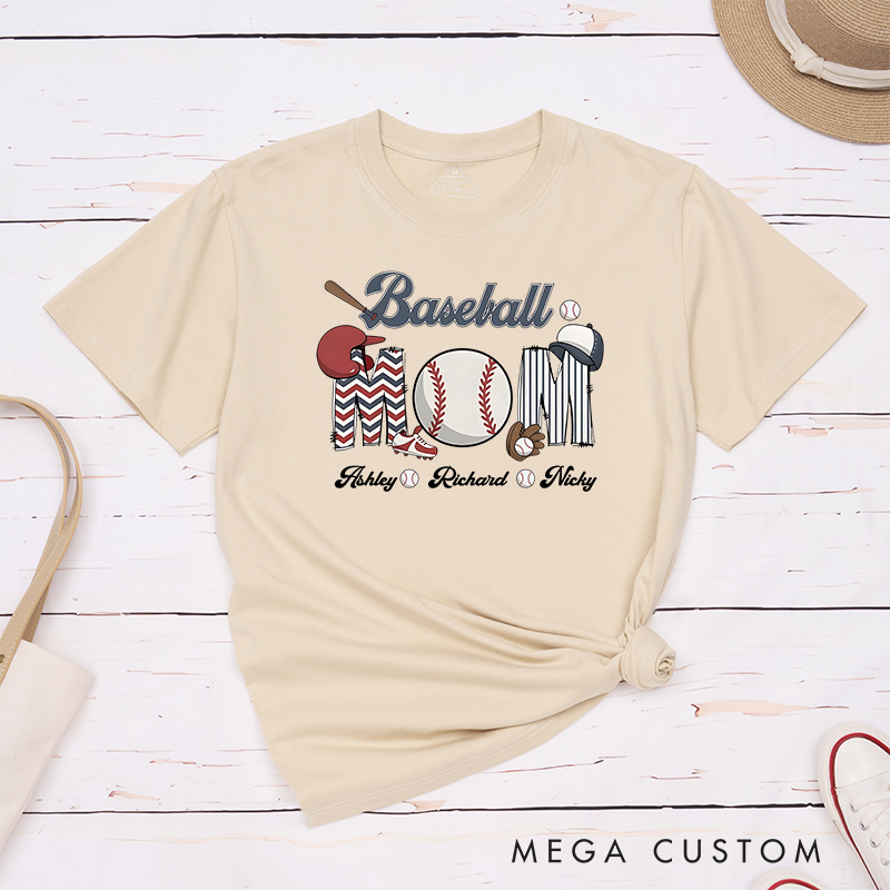 Personalized Baseball Mom T-Shirt with Custom Names and Fun Sports-Themed Design