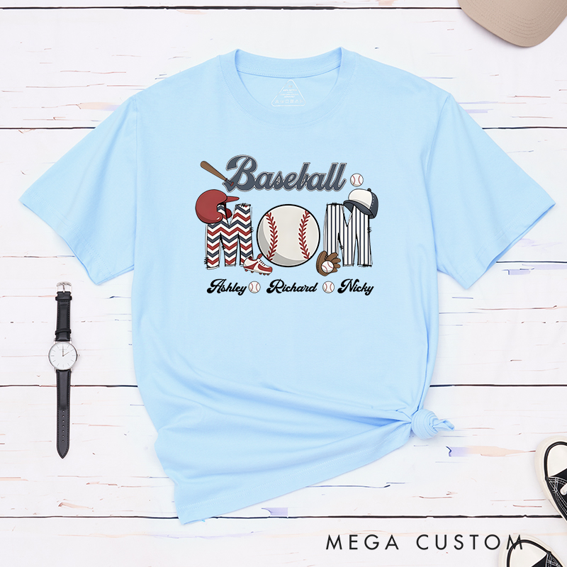 Personalized Baseball Mom T-Shirt with Custom Names and Fun Sports-Themed Design