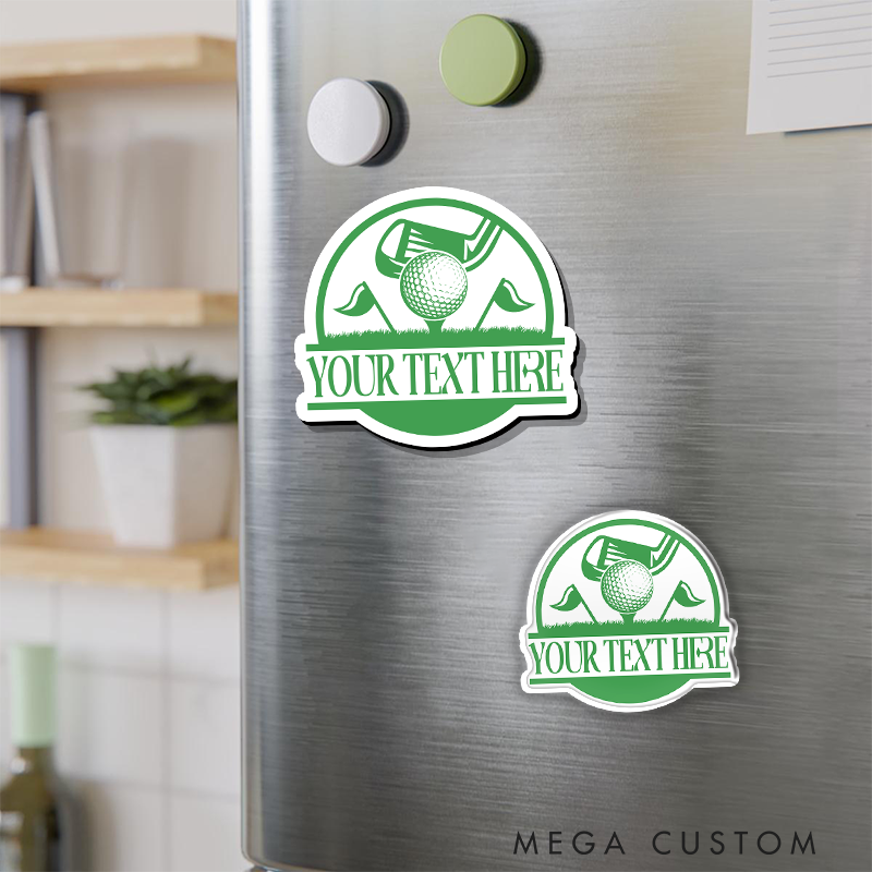 Personalized Golf Refrigerator Magnet with Custom Text Classic Golf Ball Crossed Clubs and Green Themed Scenic Design