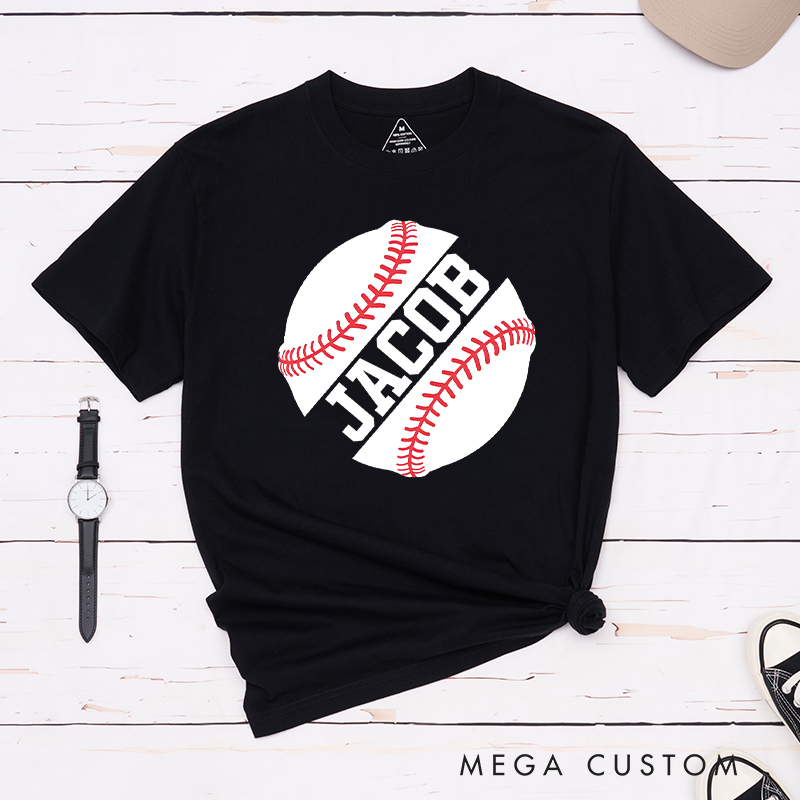 Personalized Game Day T-Shirt with Striking Half Baseball Art and Custom Text