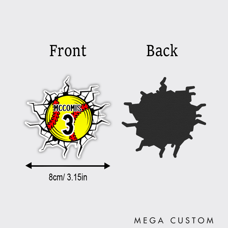 Personalized Softball Refrigerator Magnet with Custom Name Player Number and Cracked Wall Design