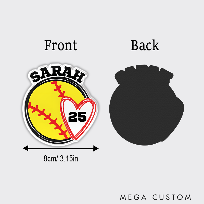 Personalized Softball Refrigerator Magnet with Custom Name Player Number Heart Accent and Bold Design
