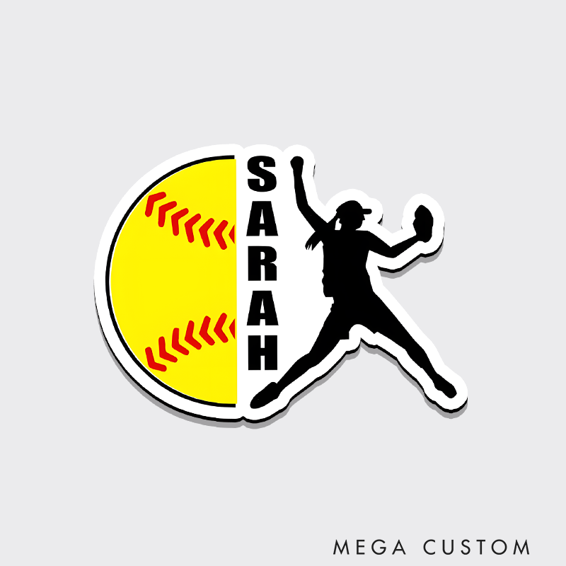 Personalized Softball Refrigerator Magnet with Custom Name Vertical Text and Player Silhouette Design