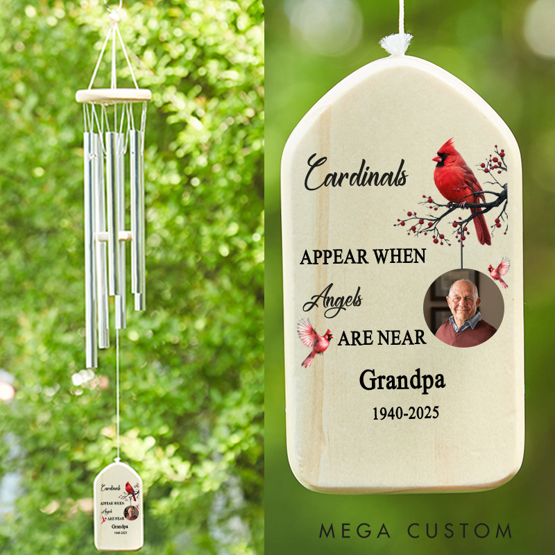 Personalized Memorial Wind Chimes for Loss of Loved One Sympathy Gifts Cardinals Appear When Angels Are Near Photo Wind Chimes Bereavement Gifts 
