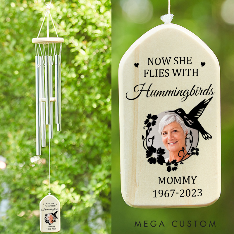 Personalized Photo Wind Chimes Now She Flies With Hummingbirds Bereavement Outdoor Wind Chimes for Loss of Loved One Sympathy Gifts