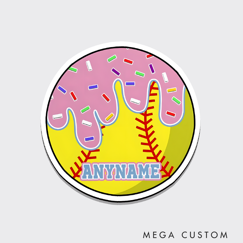 Personalized Softball Refrigerator Magnet with Custom Name Pink Dripping Icing and Sprinkles Design