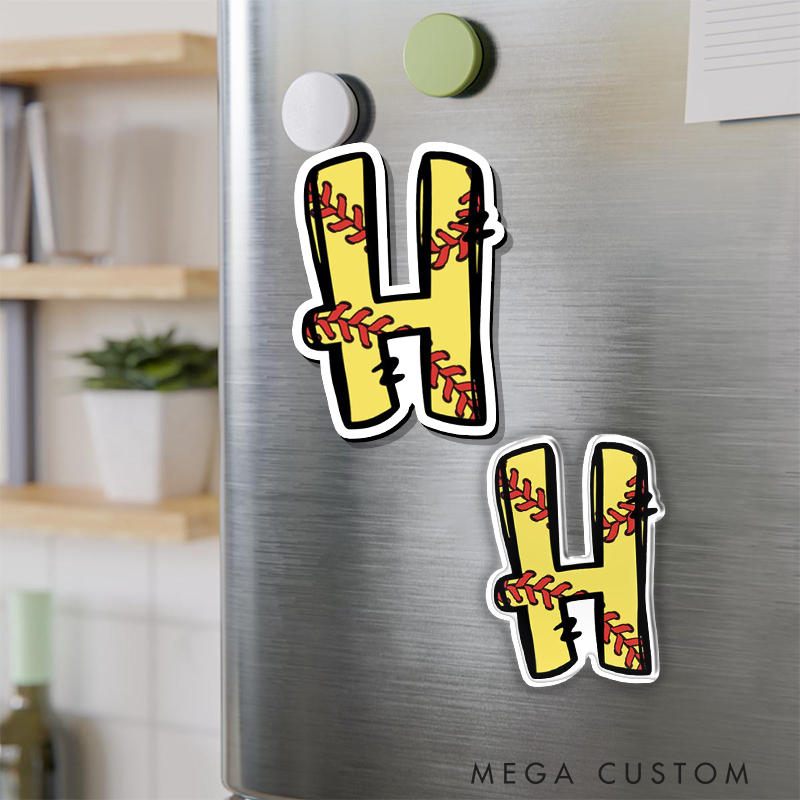 Personalized Initial Softball Refrigerator Magnet with Realistic Stitching Pattern and Unique Design