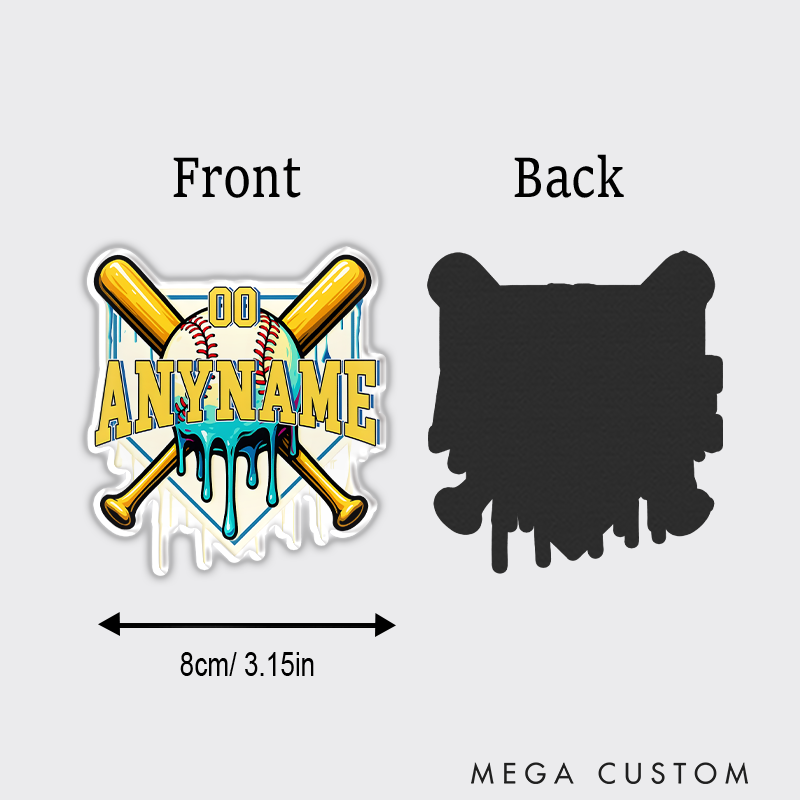 Personalized Baseball Refrigerator Magnet with Custom Name Number Dripping Effect Crossed Bats and Home Plate Design