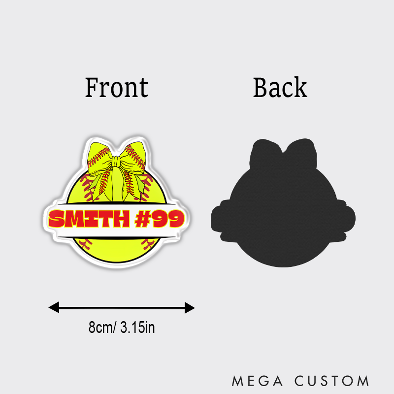 Personalized Softball Refrigerator Magnet with Custom Name Number Bright Yellow Softball and Bow Accent Design