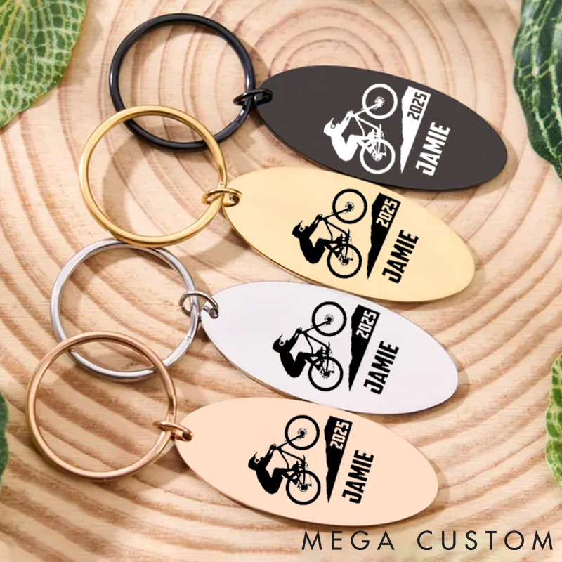 Personalized Engraved Metal Oval Keychain with Bicycle Graphic for Outdoor Adventures Riding Cycling Biking Enthusiasts