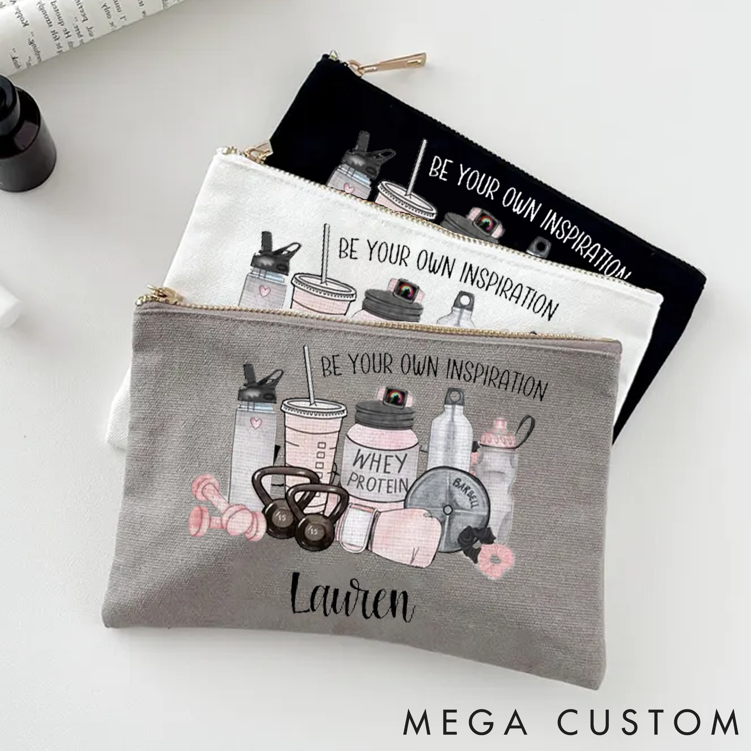 Personalized Fitness Makeup Bag with Be Your Own Inspiration Designs for Fitness Enthusiasts Bodybuilders and Gym Lovers