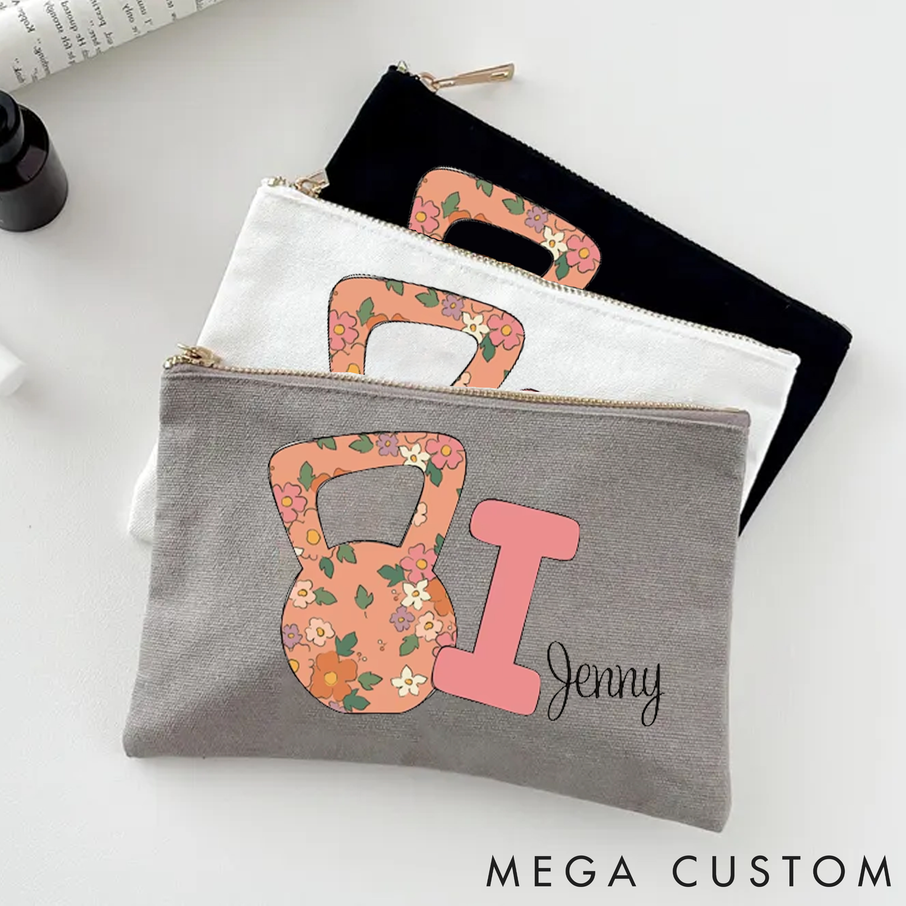 Personalized Floral Kettlebell Makeup Bag with Name for Fitness Enthusiasts Bodybuilders and Gym Lovers