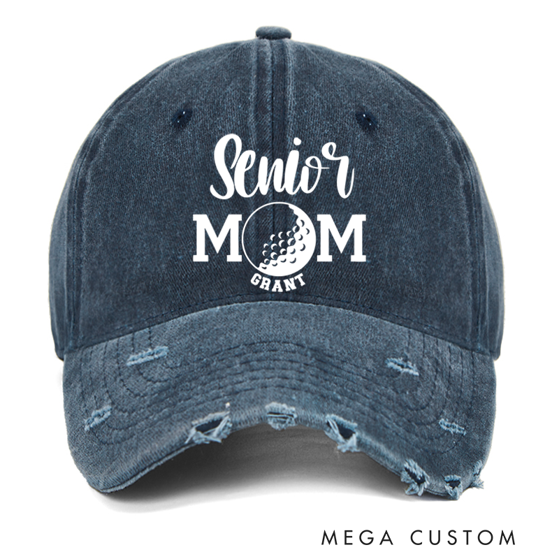 Personalized Senior Mom Distressed Denim Baseball Cap with Custom Name and Sports Ball Design for Proud Mothers of Graduating Athletes