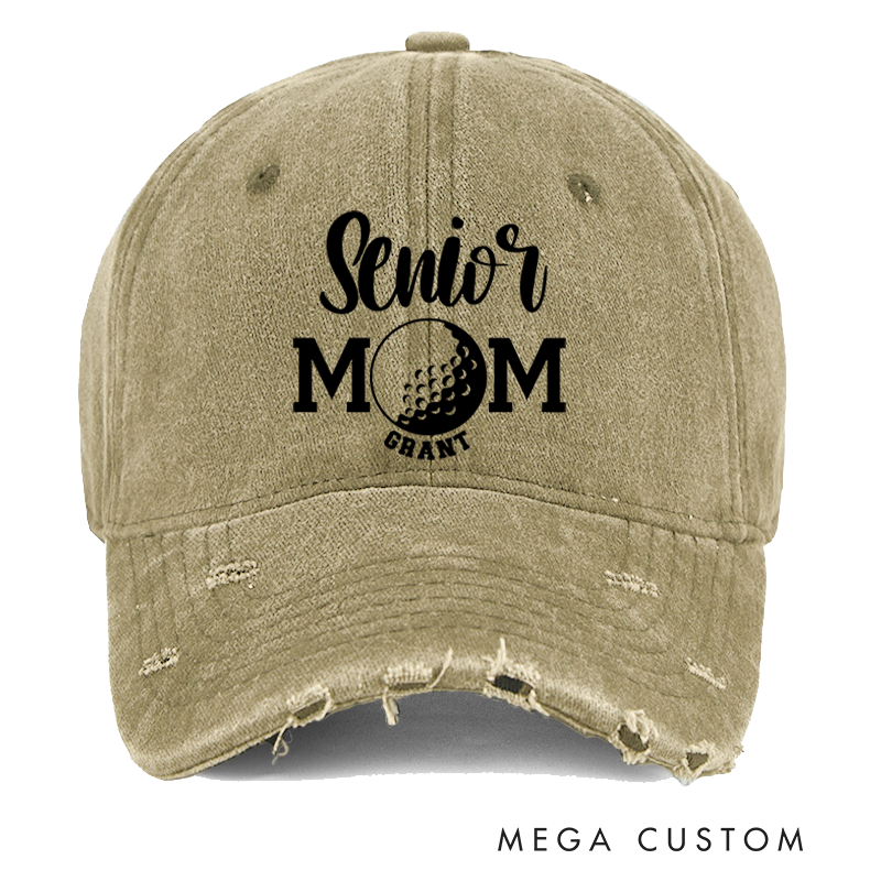 Personalized Senior Mom Distressed Denim Baseball Cap with Custom Name and Sports Ball Design for Proud Mothers of Graduating Athletes