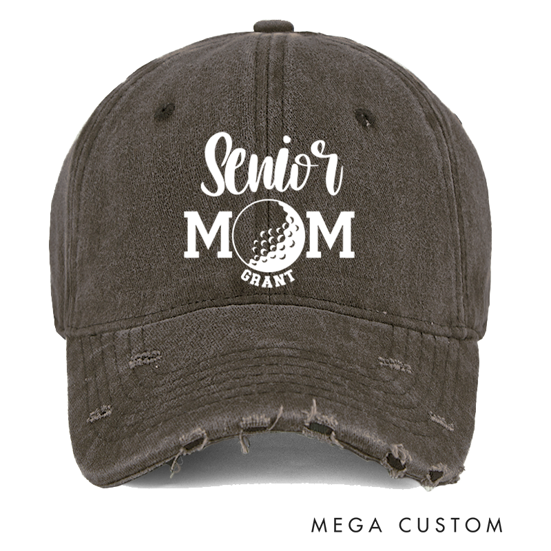 Personalized Senior Mom Distressed Denim Baseball Cap with Custom Name and Sports Ball Design for Proud Mothers of Graduating Athletes
