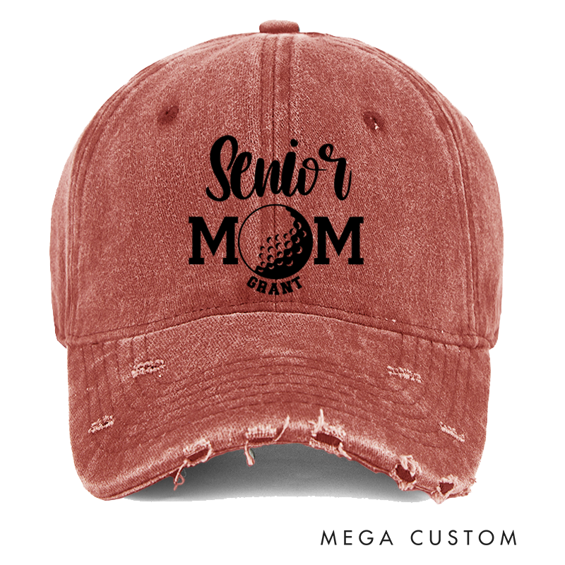 Personalized Senior Mom Distressed Denim Baseball Cap with Custom Name and Sports Ball Design for Proud Mothers of Graduating Athletes