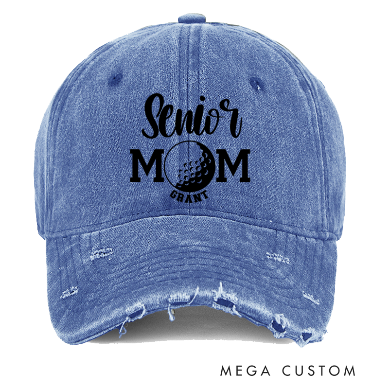 Personalized Senior Mom Distressed Denim Baseball Cap with Custom Name and Sports Ball Design for Proud Mothers of Graduating Athletes