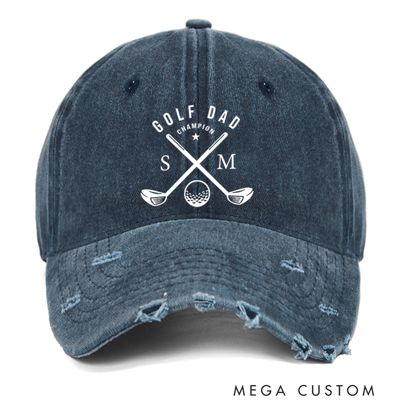 Personalized Golf Dad Distressed Denim Baseball Cap with Custom Initials Champion Text and Crossed Golf Club Design for Proud Golf Enthusiast Fathers