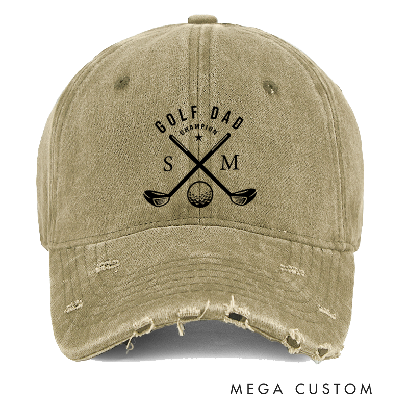 Personalized Golf Dad Distressed Denim Baseball Cap with Custom Initials Champion Text and Crossed Golf Club Design for Proud Golf Enthusiast Fathers