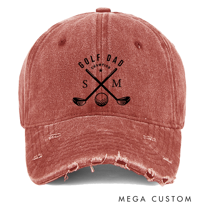 Personalized Golf Dad Distressed Denim Baseball Cap with Custom Initials Champion Text and Crossed Golf Club Design for Proud Golf Enthusiast Fathers