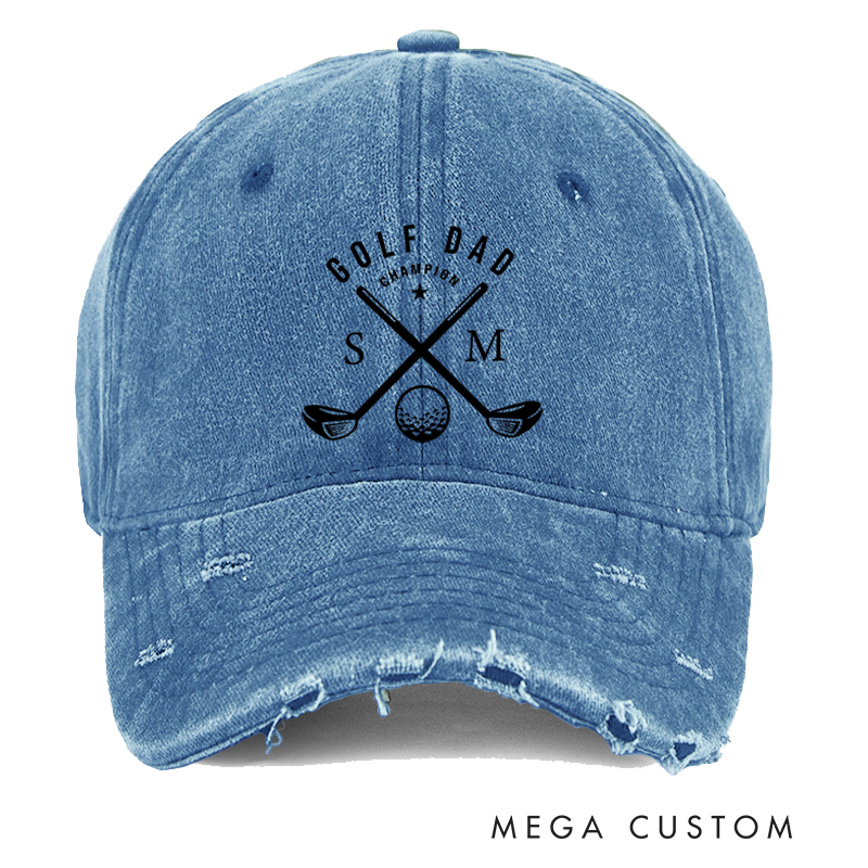 Personalized Golf Dad Distressed Denim Baseball Cap with Custom Initials Champion Text and Crossed Golf Club Design for Proud Golf Enthusiast Fathers