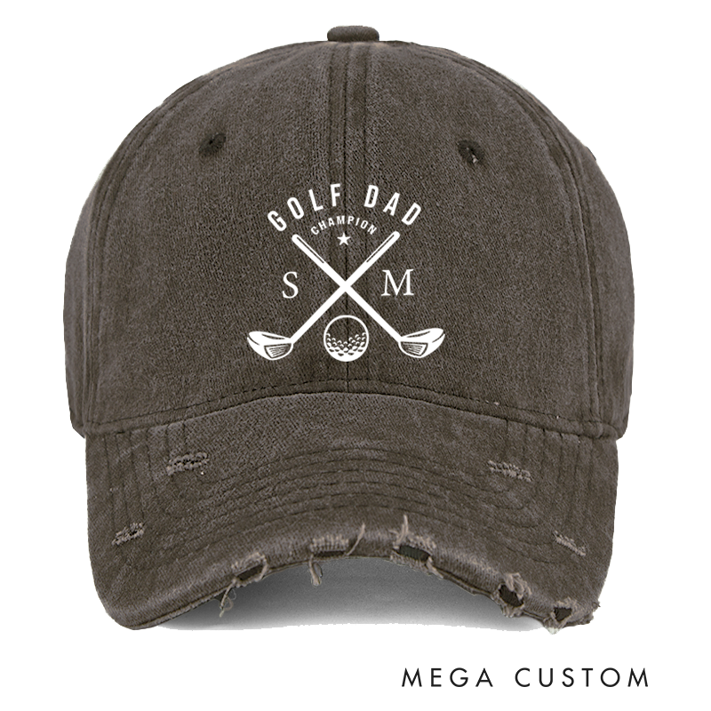 Personalized Golf Dad Distressed Denim Baseball Cap with Custom Initials Champion Text and Crossed Golf Club Design for Proud Golf Enthusiast Fathers