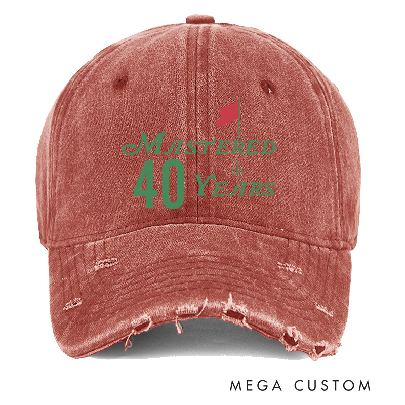 Personalized Distressed Denim Baseball Cap with Custom Age and "Mastered Years" Golf Flag Design for Milestone Celebrations