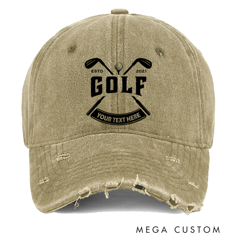 Personalized Golf Distressed Denim Baseball Cap with Customizable Text Crossed Golf Club Design and ESTD Year for Golf Enthusiasts