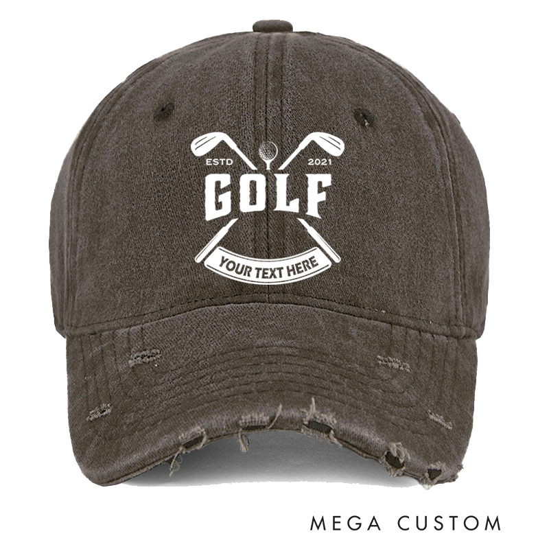 Personalized Golf Distressed Denim Baseball Cap with Customizable Text Crossed Golf Club Design and ESTD Year for Golf Enthusiasts